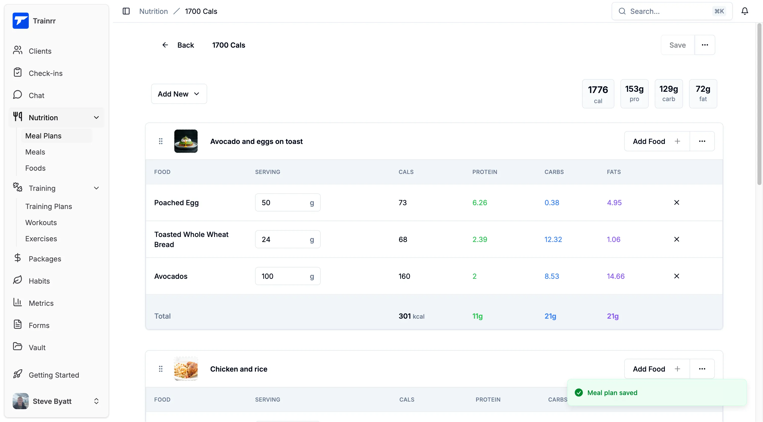 Meal plan editor in Trainrr