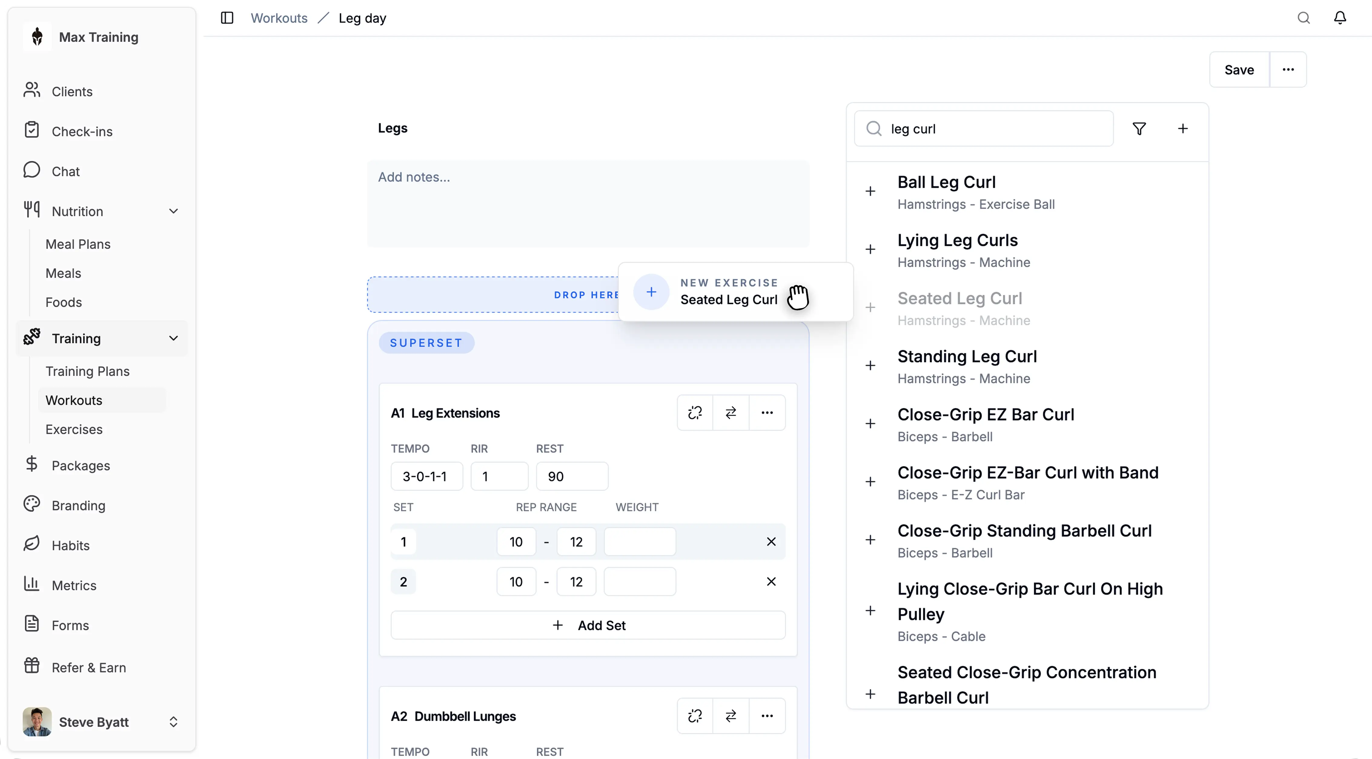 Trainrr workout builder interface