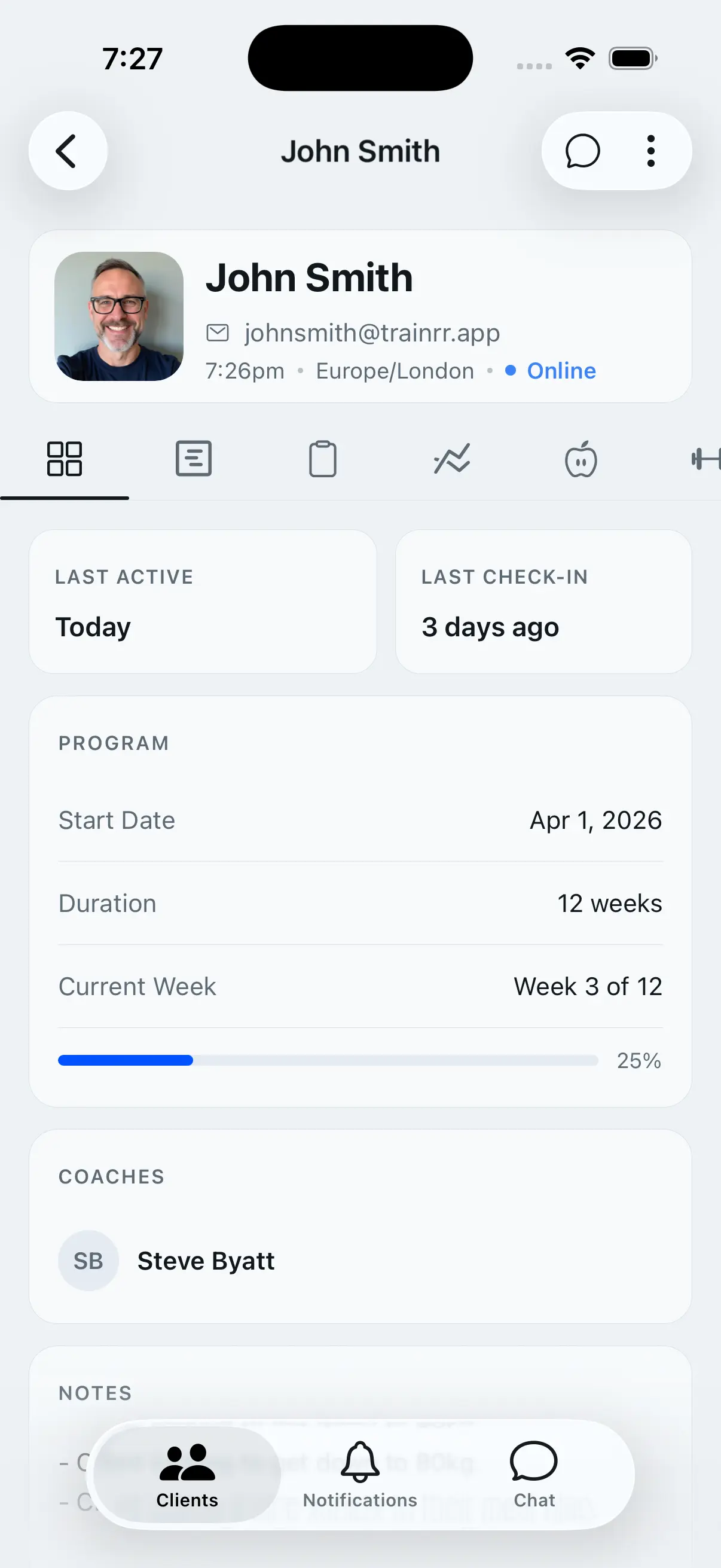 Trainrr client overview mobile preview